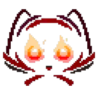a pixel art drawing of a cat 's face with red eyes