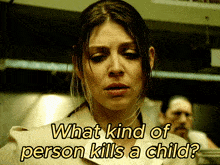 a woman in a kitchen with the words what kind of person kills a child above her