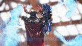 a man in a red cape is standing next to a blue robot