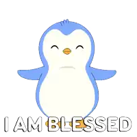 a blue and white penguin with the words i am blessed above it