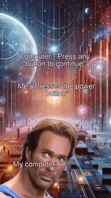 a man is standing in front of a computer screen that says computer press any button to continue