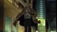 a man in a suit and tie is walking down a street