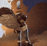 a cartoon character with a large tail is standing in front of a mountain