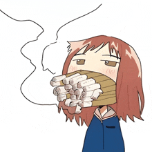 a drawing of a girl holding a stack of cigarettes in her mouth