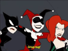 harley quinn and poison ivy are standing next to each other and saying group hug