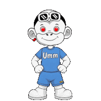 a cartoon character wearing a blue shirt that says umm on it
