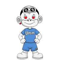 a cartoon character wearing a blue shirt that says umm on it