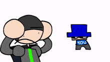 a cartoon of a man covering his ears next to a cartoon of a man with a blue hat that says you