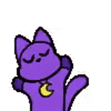 a purple cat with a yellow pendant around its neck is dancing .