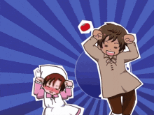 a boy and a girl are standing next to each other with a tomato above their heads