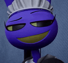 a purple cartoon character wearing a maid 's hat and smiling