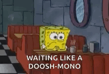 a cartoon of spongebob sitting at a table in a diner .