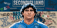 a drawing of a man in a blue shirt with the word secondigliano written above him