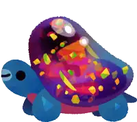 a blue turtle with a colorful shell is sitting on a white surface