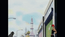 a man in a black hat stands in front of a building that says ' t.i. ' on it