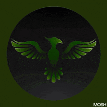 a green bird is in a black circle with mosh written below it