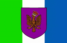 a purple shield with a brown eagle wearing a crown on it .