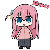 a drawing of a girl with pink hair and the word boo above her