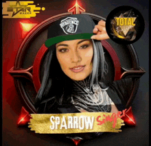 a woman wearing a hat that says sparrow