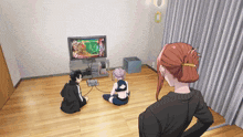 a group of people are playing a video game on a television