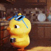 a cartoon chicken holding a cup of coffee and a cell phone on its head