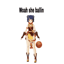 a picture of a girl with a basketball and the words woah she ballin