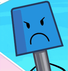 a blue square with an angry face is standing on a pole
