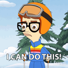 a cartoon character says i can do this while holding skis