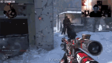 a video game screen shows a man holding a sniper rifle and the words knees on the bottom right