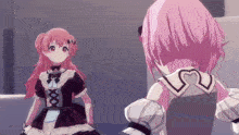 two anime girls with pink hair are standing next to each other .