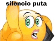 a cartoon smiley face with green eyes is talking on a cell phone .