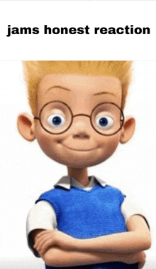 a cartoon character with glasses and the words jams honest reaction on the bottom