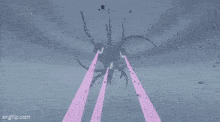 a monster in a video game is being attacked by a purple light .