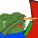 a cartoon frog is crying while holding a red flag in his hand .