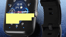 a smart watch shows the time as 10:10 and the temperature as 27 degrees