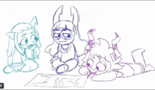 a drawing of three cartoon characters with the letter f in the middle