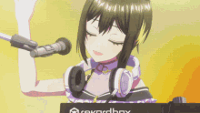 a girl is singing into a microphone while wearing headphones and a recordbox