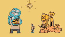 a group of cartoon characters with a disco ball hanging above them