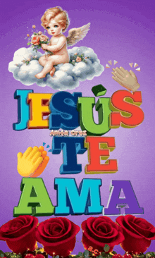 jesus te ama is written on a purple background with red roses