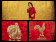 a woman singing into a microphone next to a silver turkey and a rooster