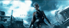 a woman in a superhero costume is standing in front of a storm sign .
