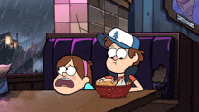 a couple of cartoon characters sitting at a table with a basket of chips