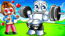 a girl is in love with a robot lifting a barbell .