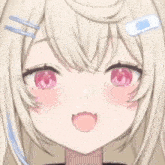 a close up of a girl 's face with pink eyes and a bandage in her hair .