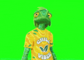 a chameleon wearing a yellow shirt that says chill vibes on it
