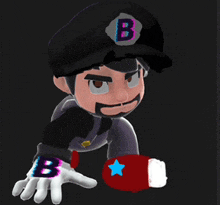 a cartoon character wearing a black hat with the letter b on it