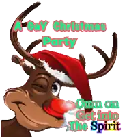 a cartoon reindeer wearing a santa hat with the words " a gay christmas party " above it