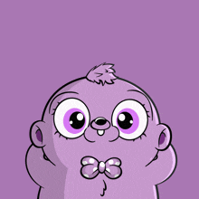 a purple cartoon character blowing a bubble with a bow