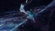 a blue haired anime character is upside down on a blue surface