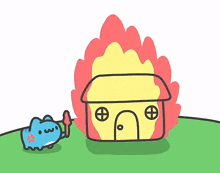a drawing of a house on fire with a cat standing next to it